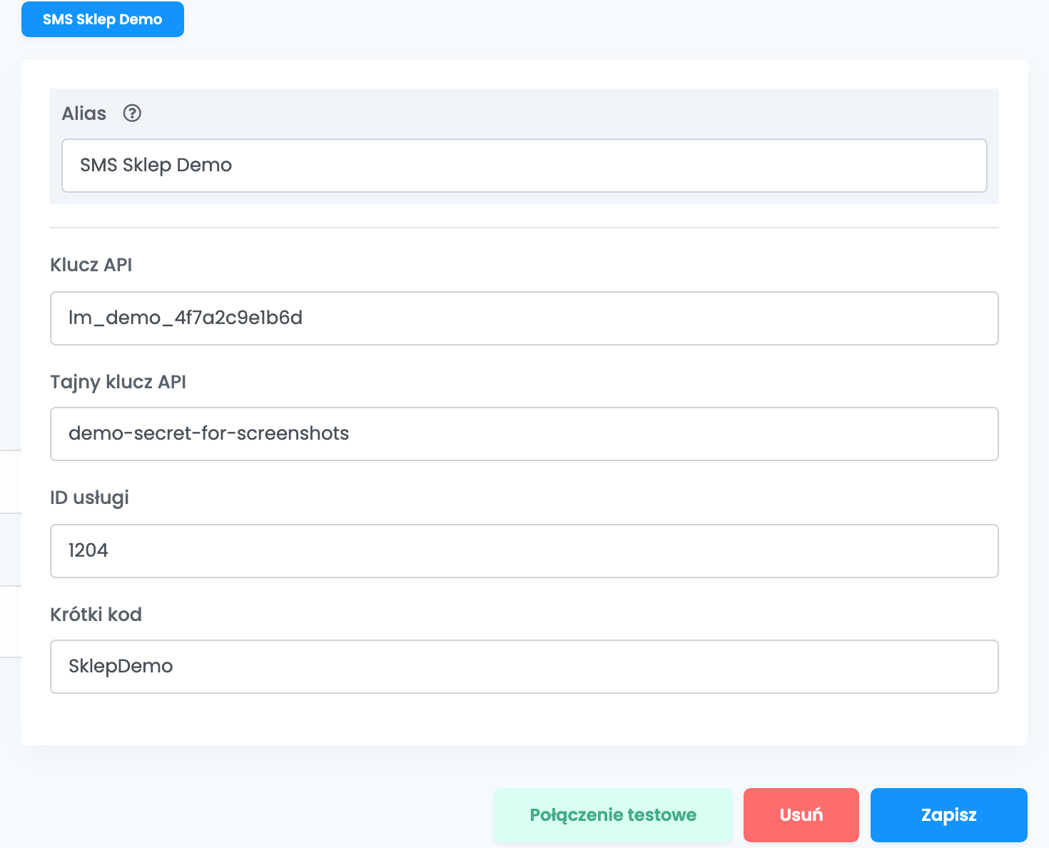 Formularz Link Mobility: Alias „SMS Sklep Demo”, Klucz API, Tajny klucz API, ID usługi i Krótki kod „SklepDemo”, z przyciskami Połączenie testowe, Usuń i Zapisz.