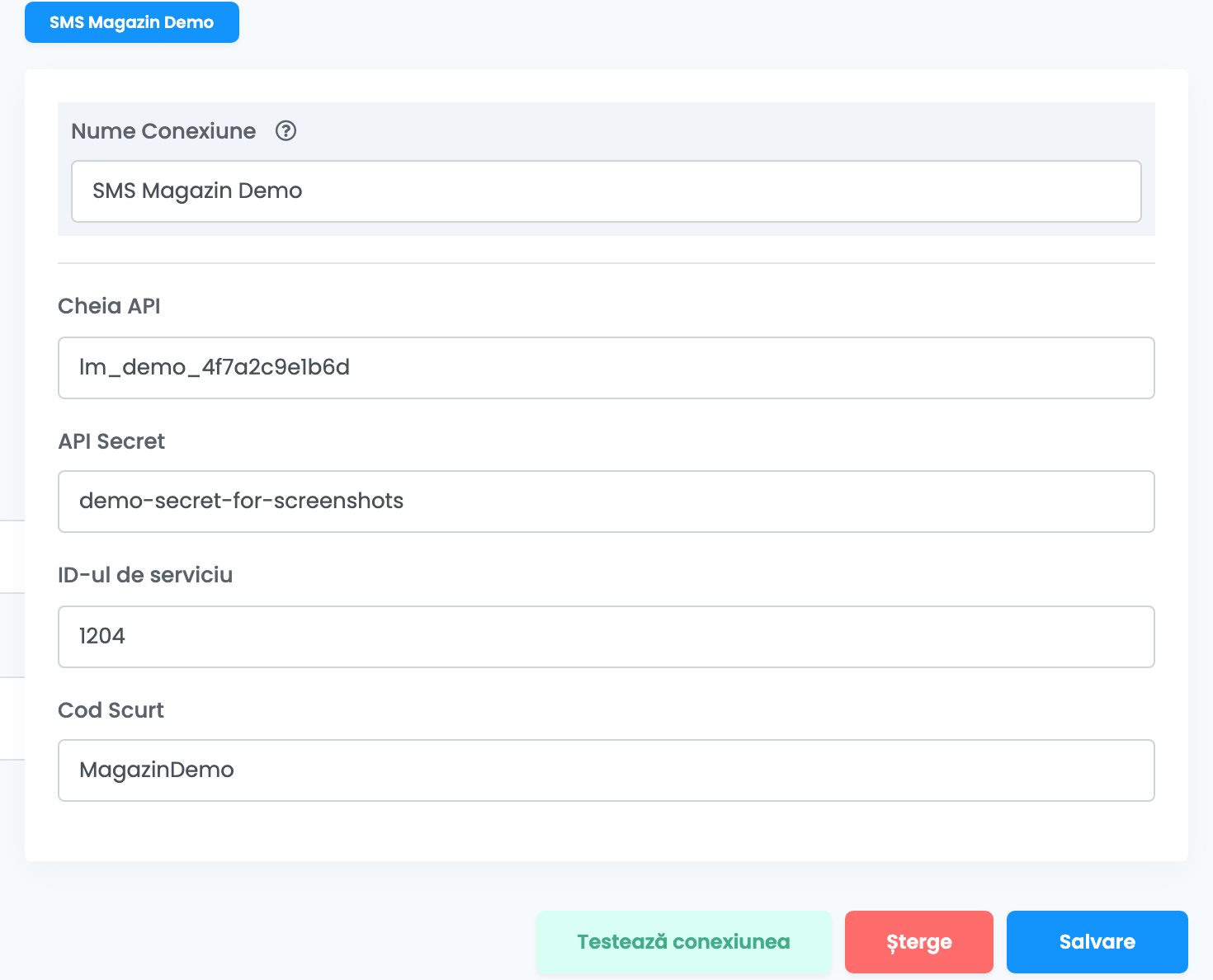 Formularul Link Mobility: Nume Conexiune „SMS Magazin Demo”, Cheia API, API Secret, ID-ul de serviciu și Cod Scurt „MagazinDemo”, cu butoanele Testează conexiunea, Șterge și Salvare.