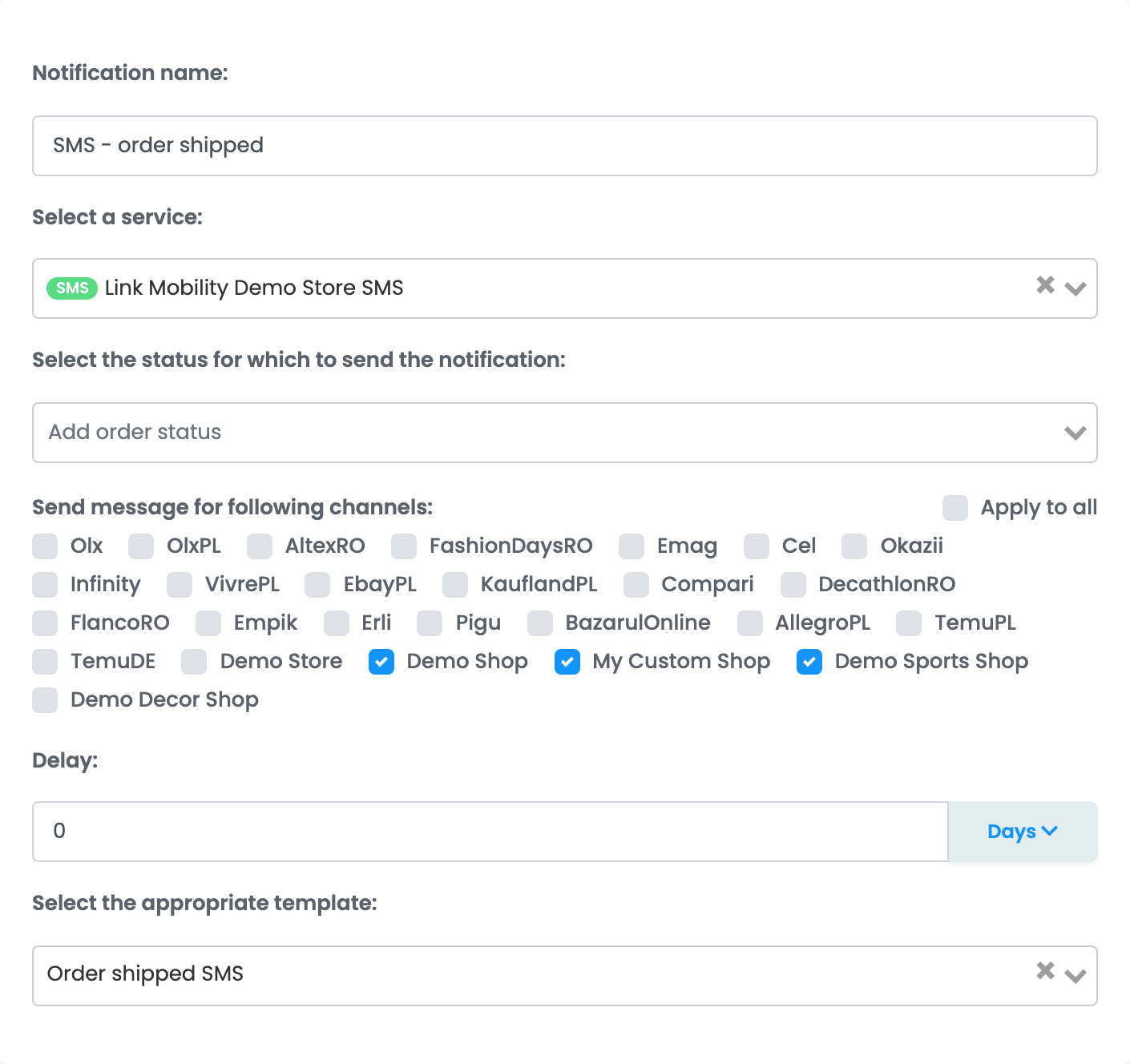 Die Benachrichtigungsregel „SMS - order shipped“ für das Ereignis AWB Created, die über Link Mobility sendet, mit drei angehakten Shops unter Send message for following channels und der Vorlage „Order shipped SMS“.