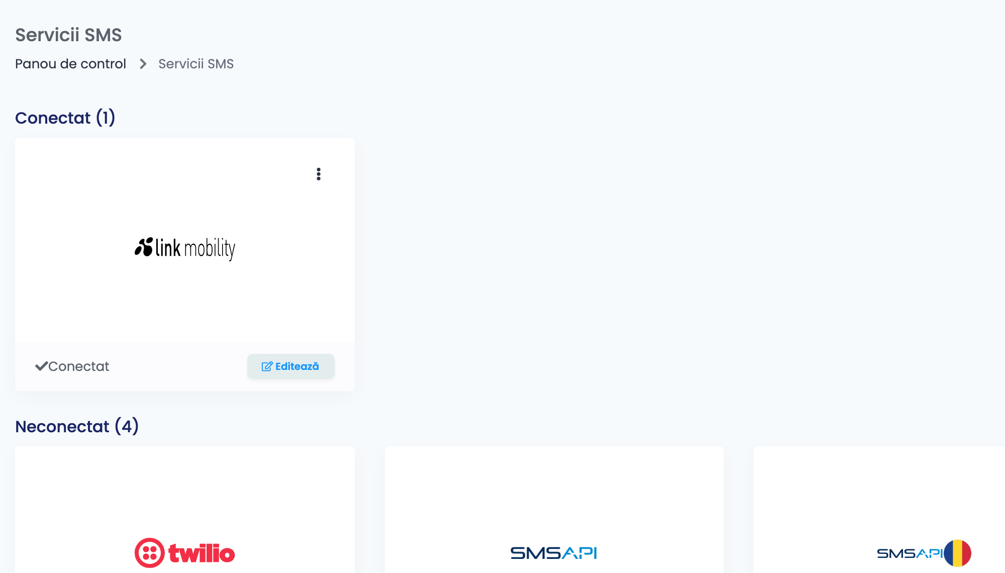 Pagina Servicii SMS din easySales, cu cardul Link Mobility conectat.