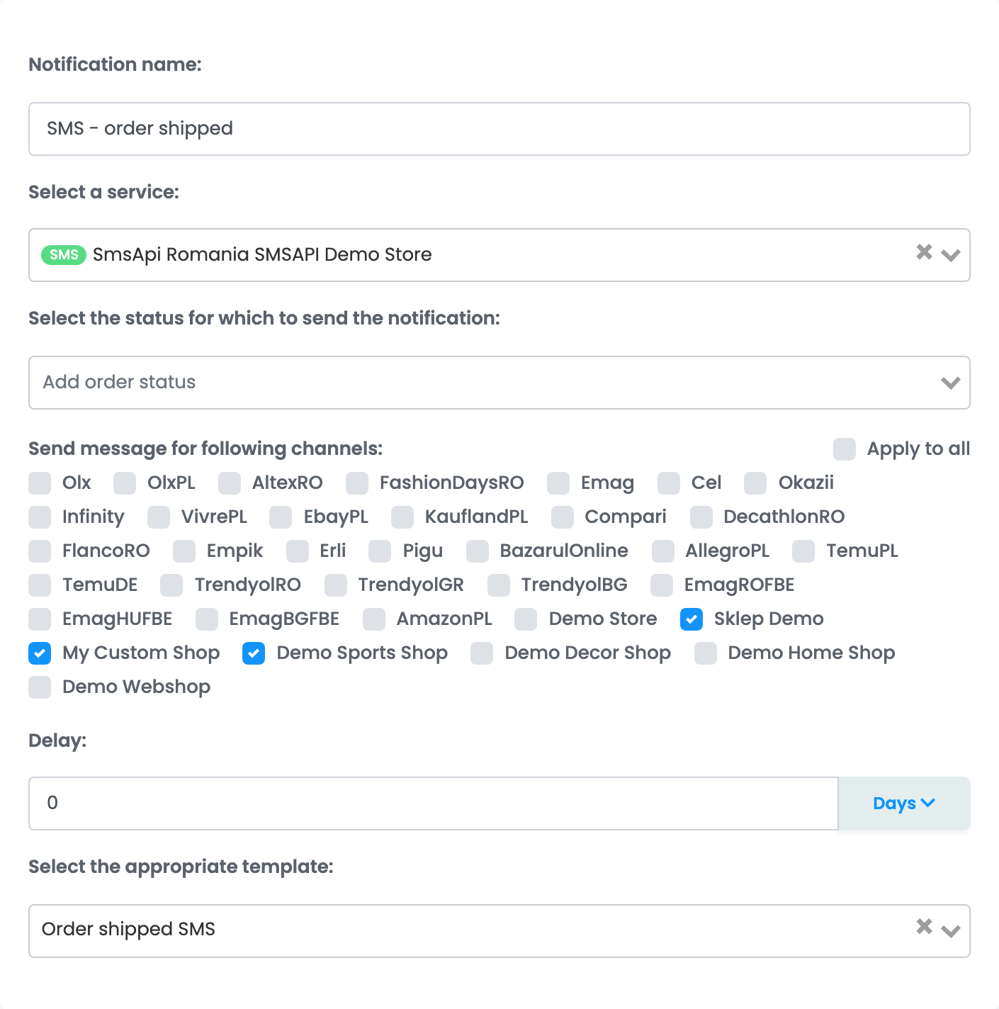 Die Benachrichtigungsregel „SMS - order shipped“ für AWB Created, die über SMSAPI sendet, mit drei markierten Shops unter Send message for following channels und der Vorlage „Order shipped SMS“.