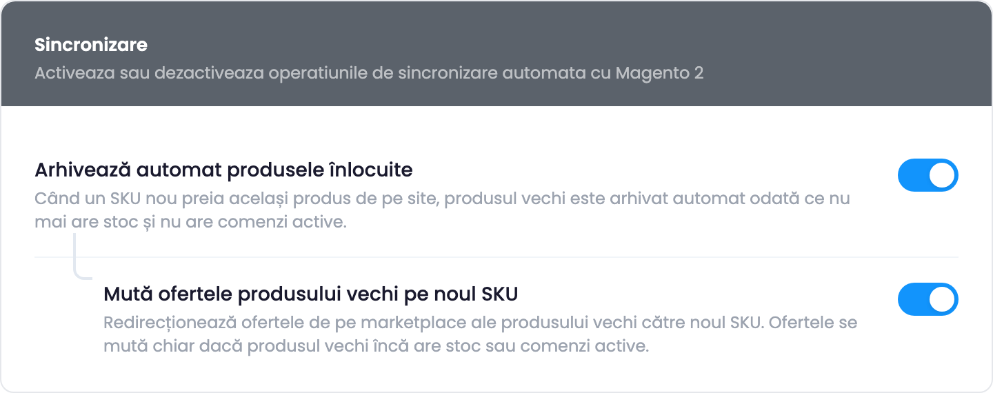 Tabul Preferințe al conexiunii unui magazin, cu Arhivează automat produsele înlocuite și Mută ofertele produsului vechi pe noul SKU activate.