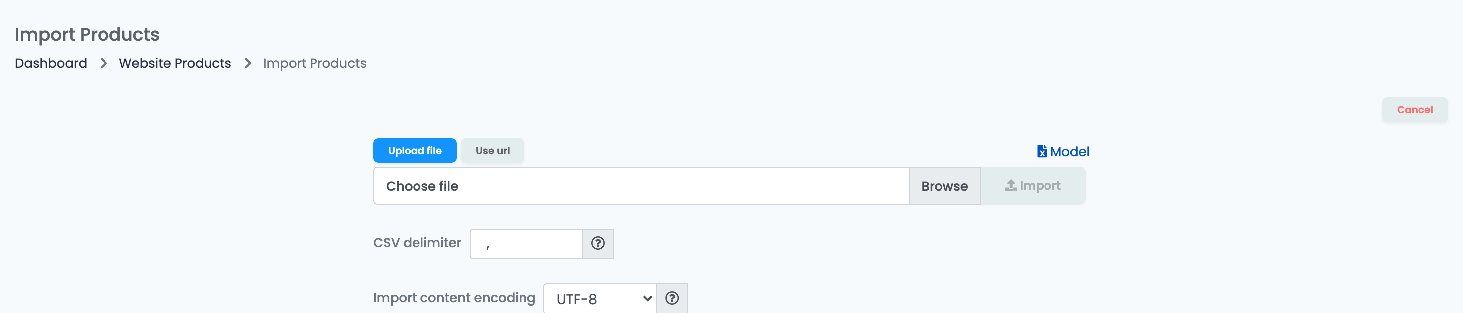 Der Import Mass Archive (englische Oberfläche): Upload file oder Use url, der Link Model, Choose file und die Schaltfläche Import.