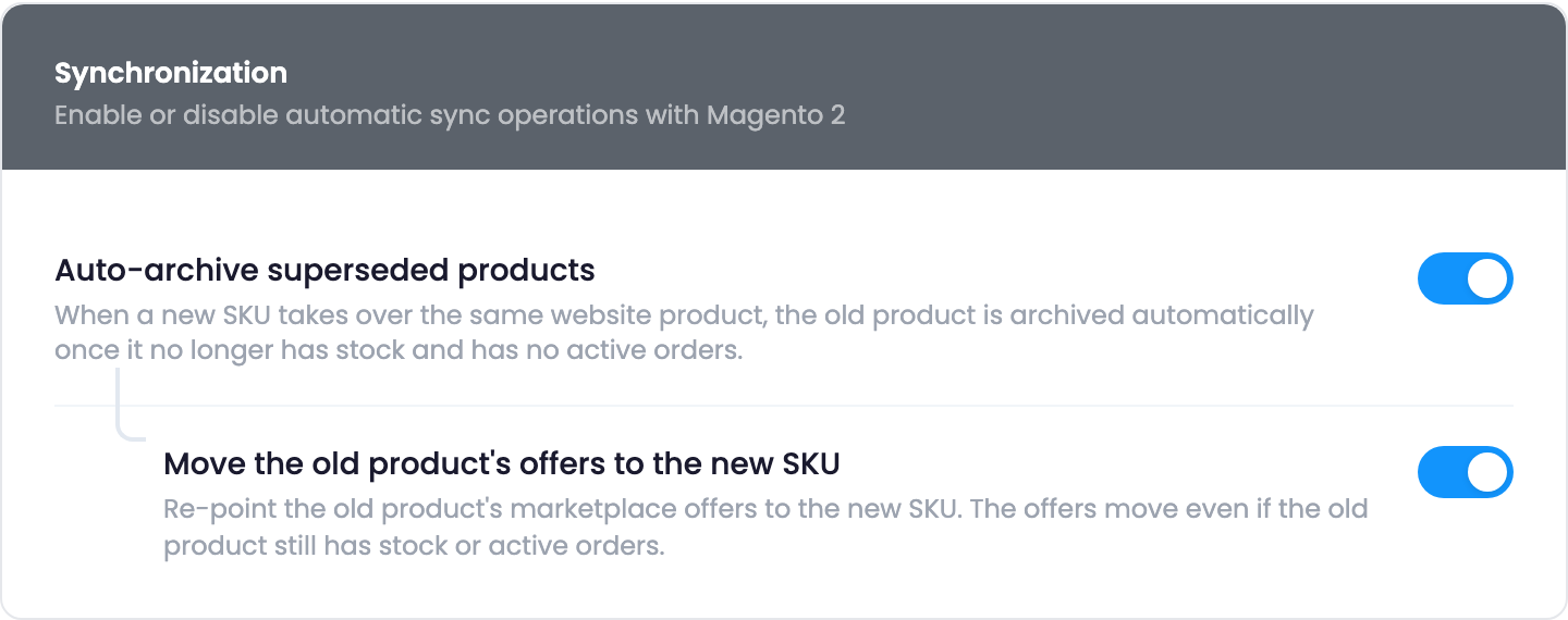 Der Tab Preferences einer Shop-Verbindung (englische Oberfläche) mit aktivierten Optionen Auto-archive superseded products und Move the old product's offers to the new SKU.