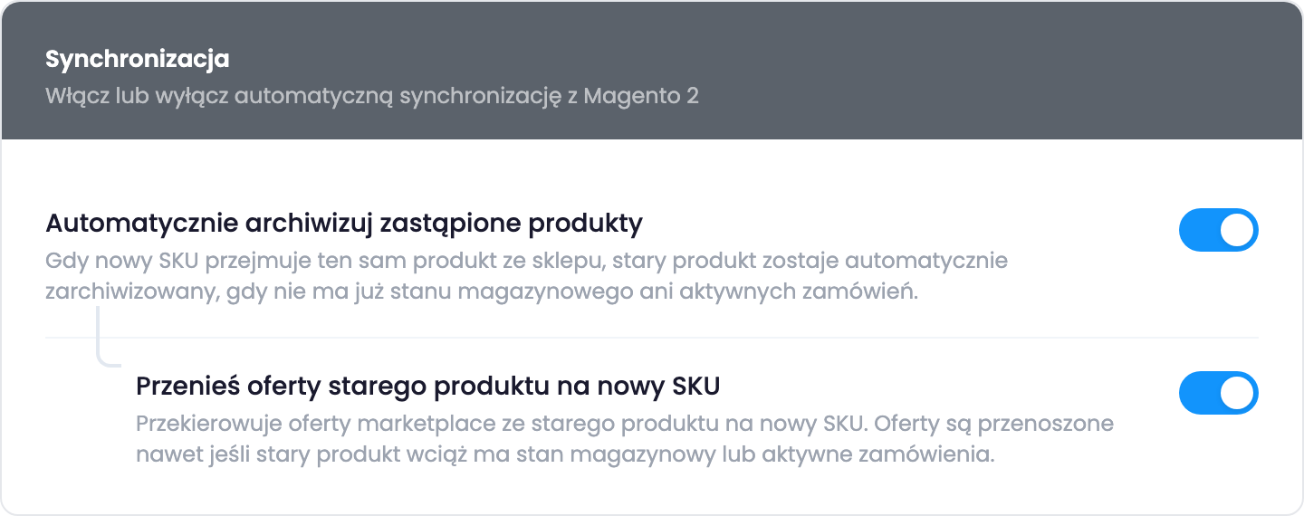 Zakładka Preferencje połączenia sklepu z włączonymi opcjami Automatycznie archiwizuj zastąpione produkty i Przenieś oferty starego produktu na nowy SKU.