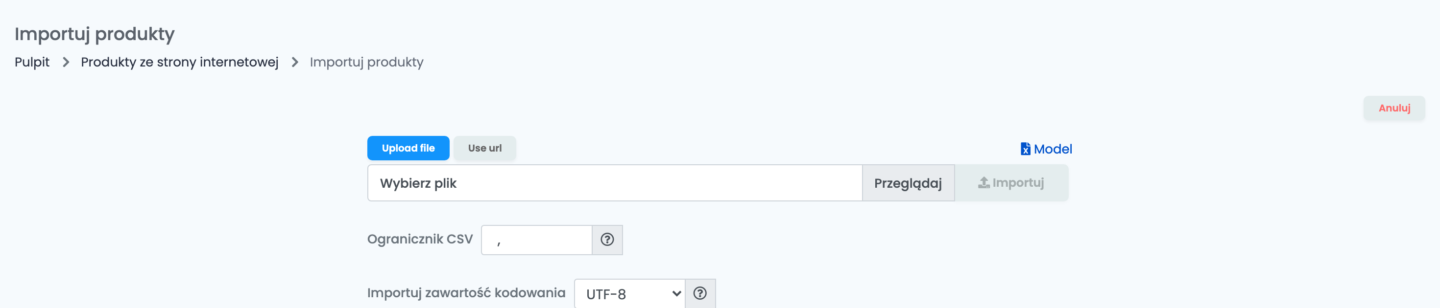 Import Masowa archiwizacja: Upload file lub Use url, link Model, Wybierz plik i przycisk Importuj.