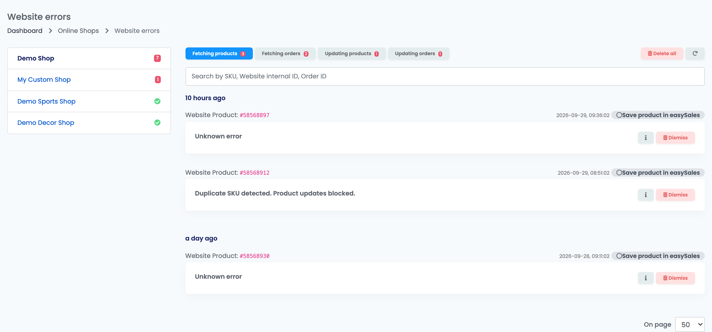 Die Seite Website errors: links die verbundenen Shops mit ihren Zählern, der Tab Fetching products mit drei Fehlern, darunter Duplicate SKU detected. Product updates blocked.
