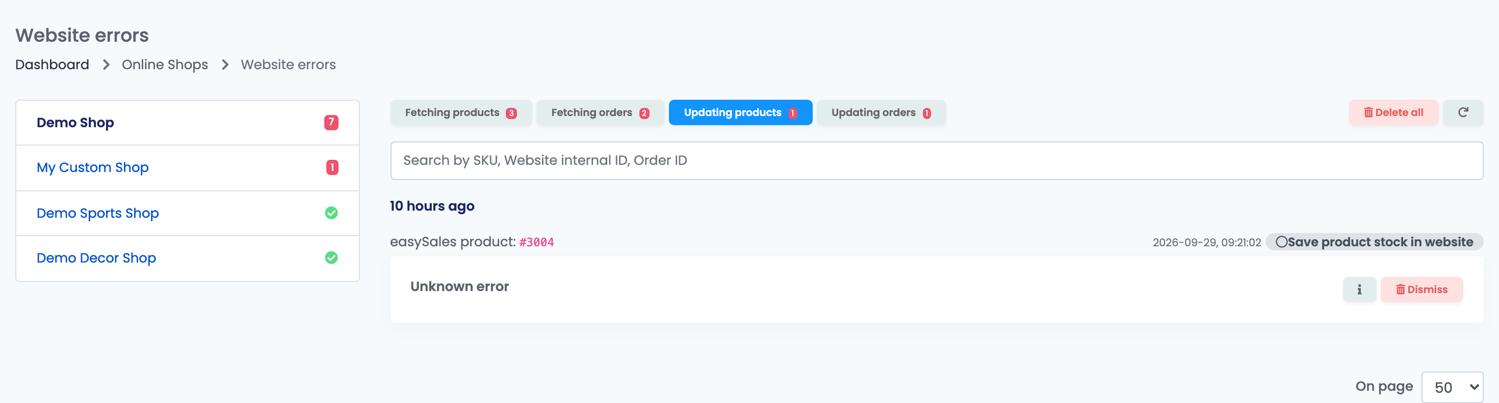Der Tab Updating products mit einer vom Shop abgelehnten Bestandsaktualisierung und den Schaltflächen Retry und Dismiss.