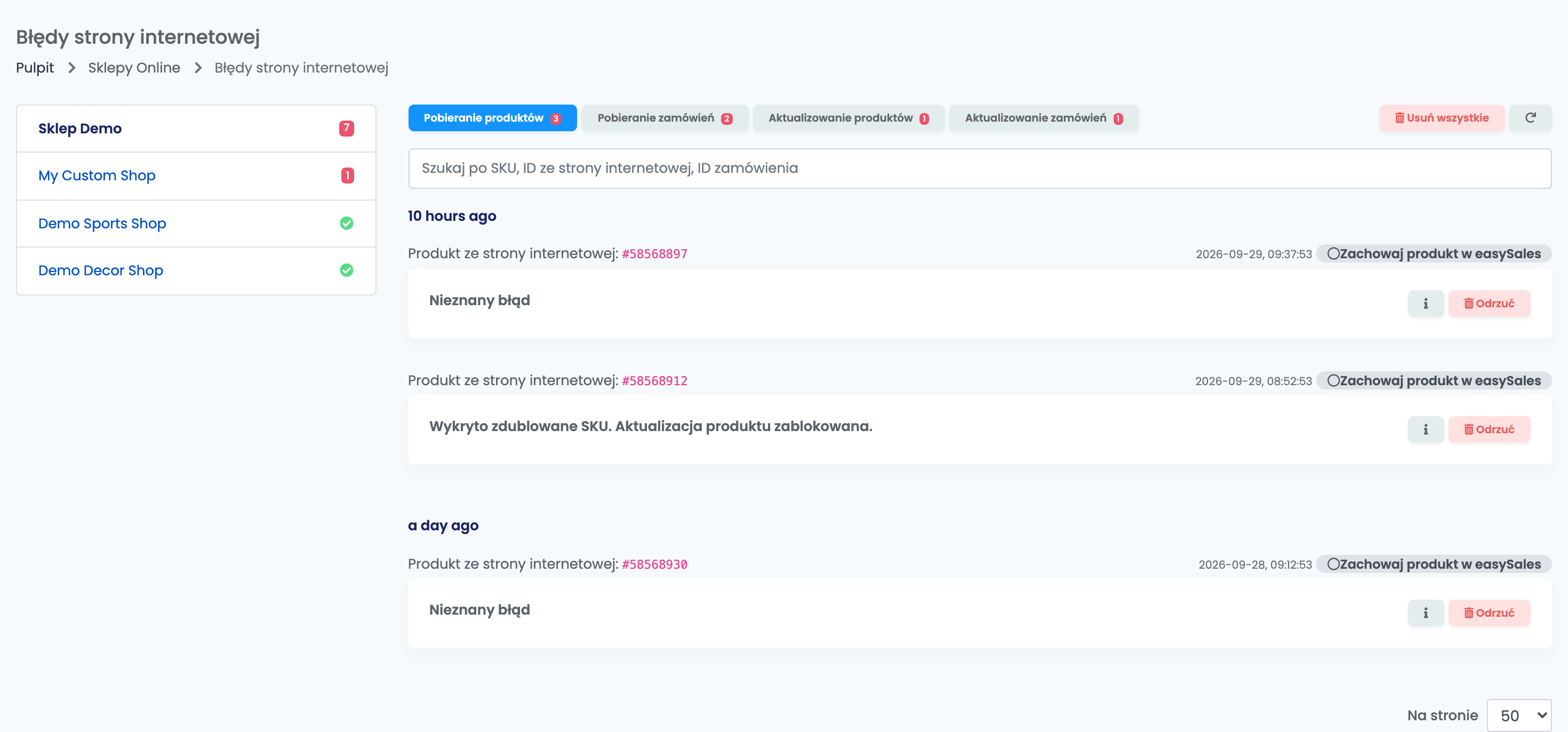 Strona Błędy strony internetowej: podłączone sklepy po lewej, w tym Sklep Demo, z licznikami, oraz zakładka Pobieranie produktów z trzema błędami, w tym błędem zdublowanego SKU.