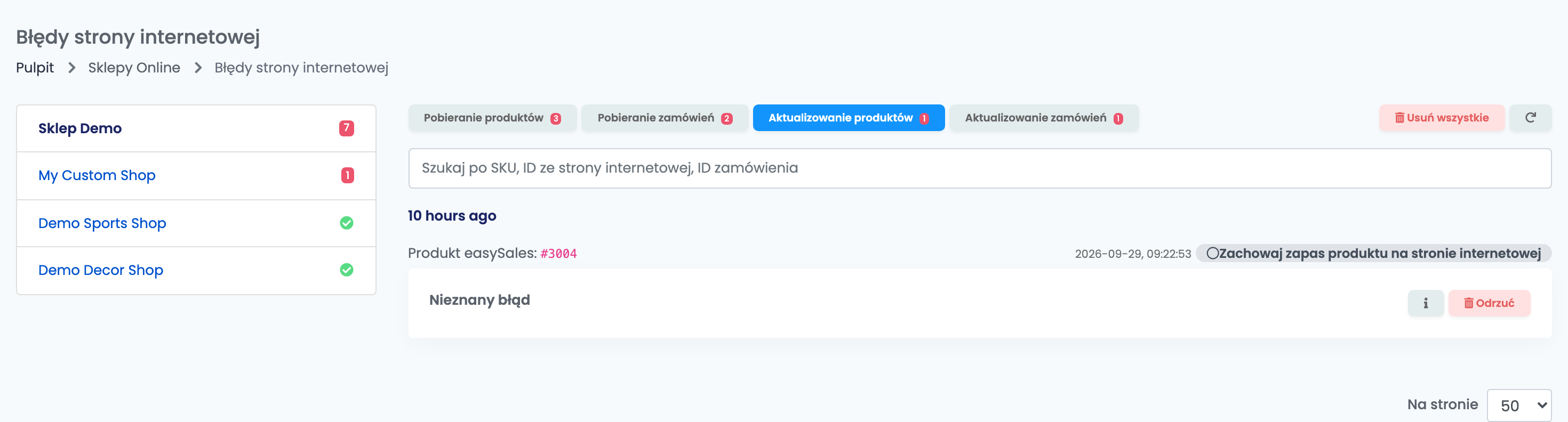 Zakładka Aktualizowanie produktów z aktualizacją stanu magazynowego odrzuconą przez sklep i przyciskami Spróbuj ponownie oraz Odrzuć.