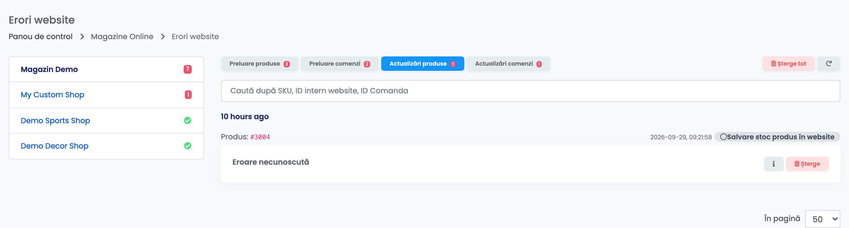 Tabul Actualizări produse cu o actualizare de stoc refuzată de magazin și butoanele Reîncearcă și Șterge.