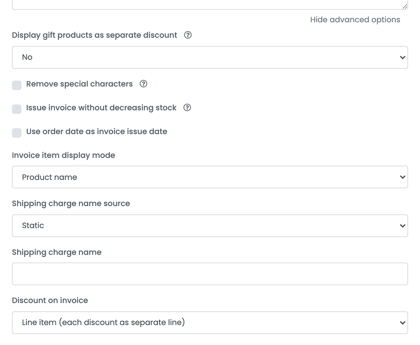 Die erweiterten Optionen der wFirma-Verbindung, von Display gift products as separate discount bis Discount on invoice, mit Issue invoice without decreasing stock.