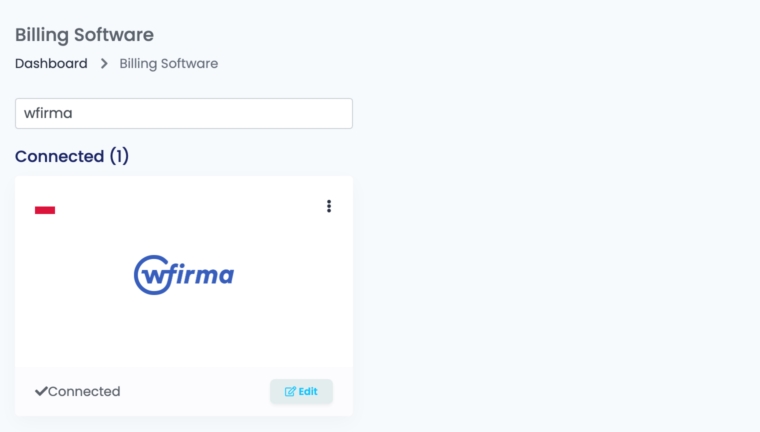 Die Seite Billing Software in easySales mit der Suche nach wfirma und der WFirma-Karte.