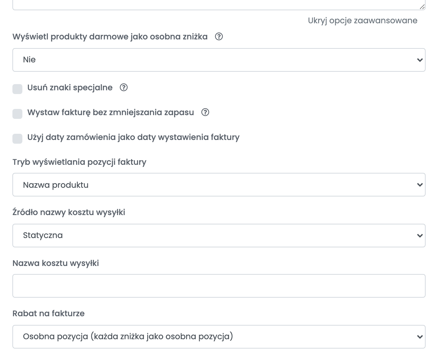 Opcje zaawansowane połączenia z wFirmą, od Wyświetl produkty darmowe jako osobna zniżka do Rabat na fakturze, z opcją Wystaw fakturę bez zmniejszania zapasu.