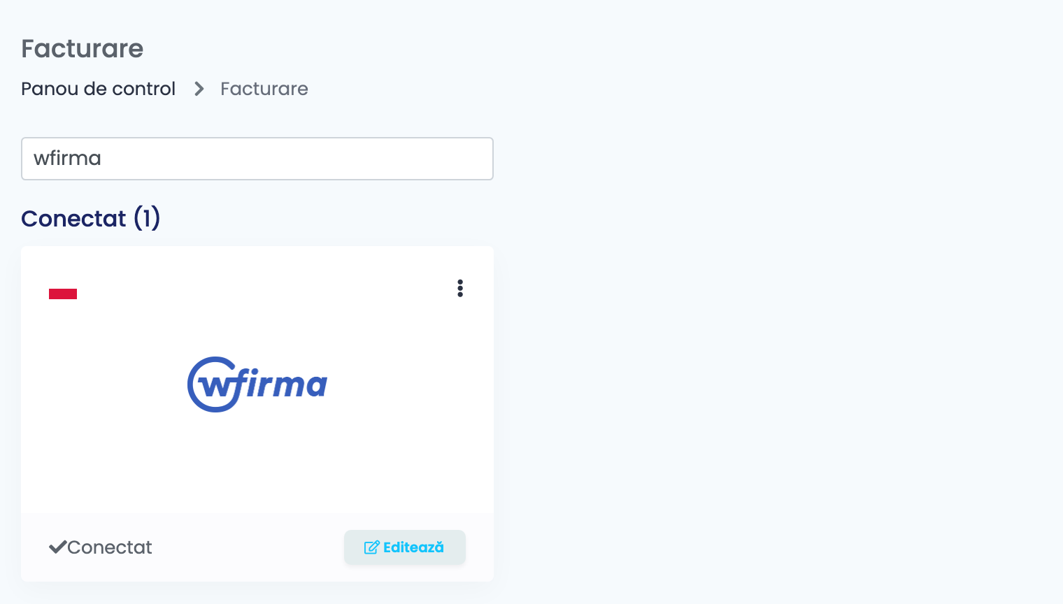 Pagina Facturare din easySales, cu căutarea wfirma și cardul WFirma.