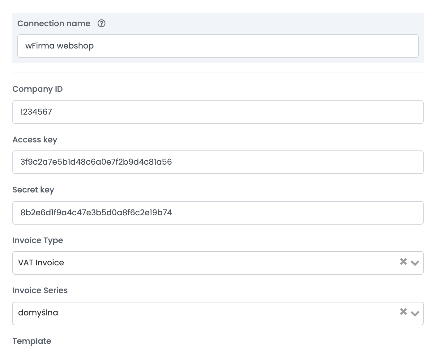Die wFirma-Verbindung: Connection name wFirma webshop, Company ID, Access key, Secret key, Invoice Type VAT Invoice und Invoice Series.