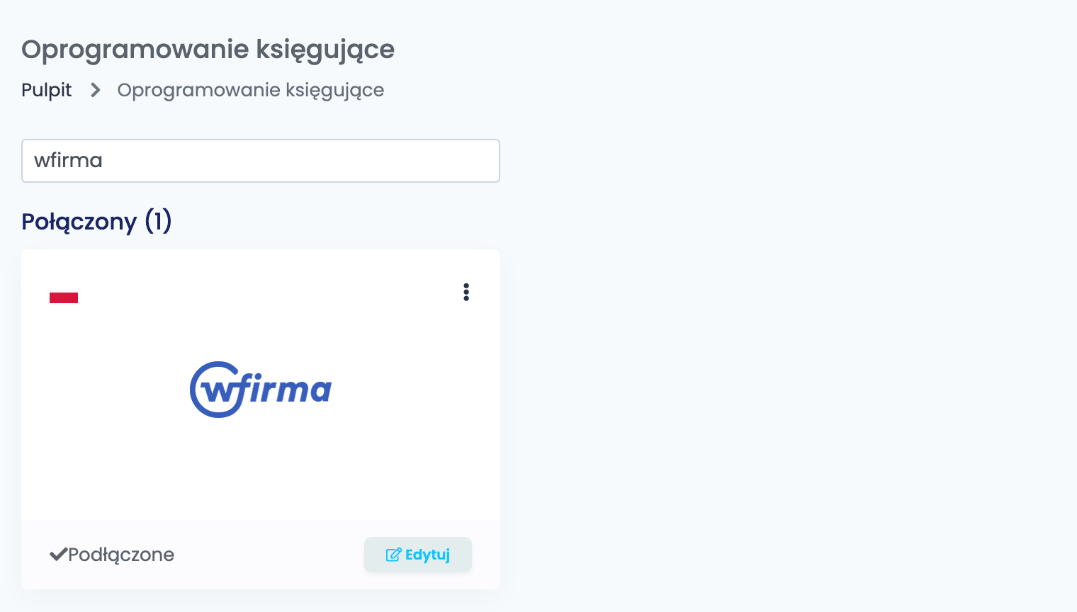 Strona Oprogramowanie księgujące w easySales, wyszukiwanie wfirma i karta WFirma.