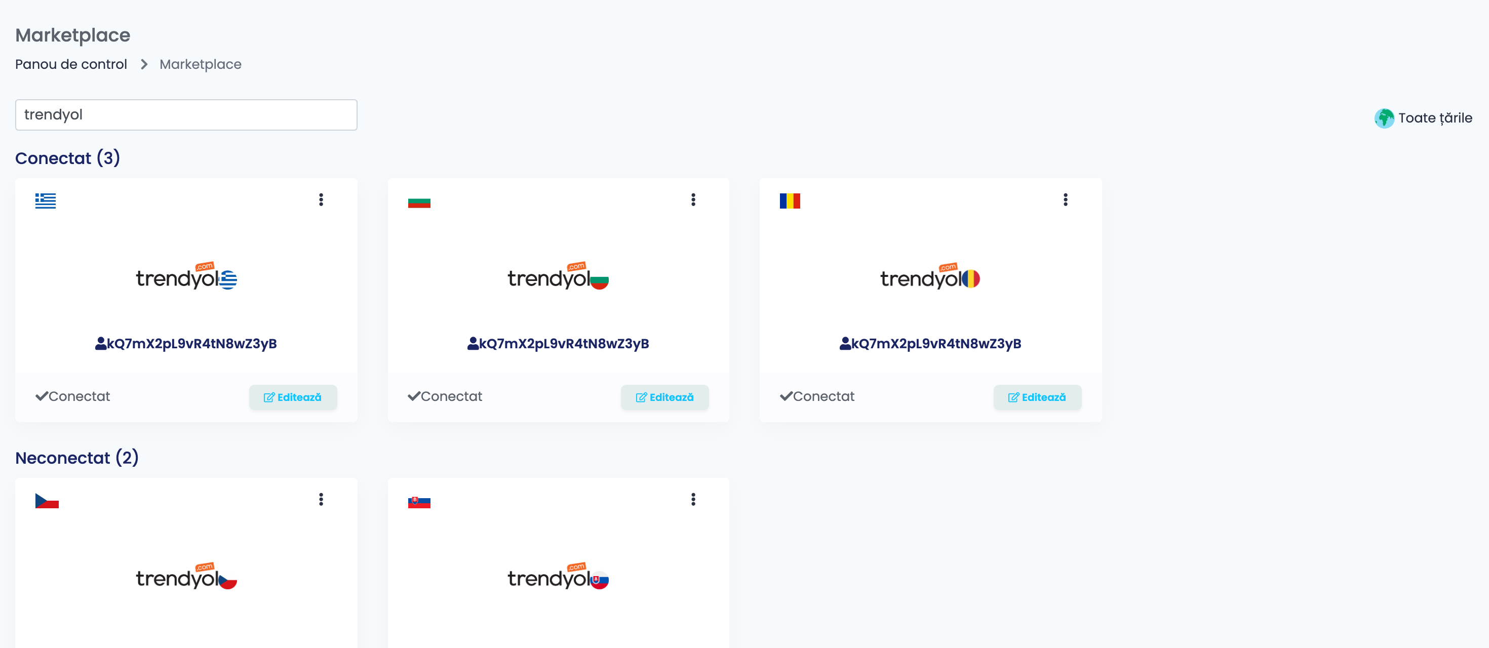 Pagina Marketplace din easySales, căutată după trendyol, cu cardurile Trendyol.