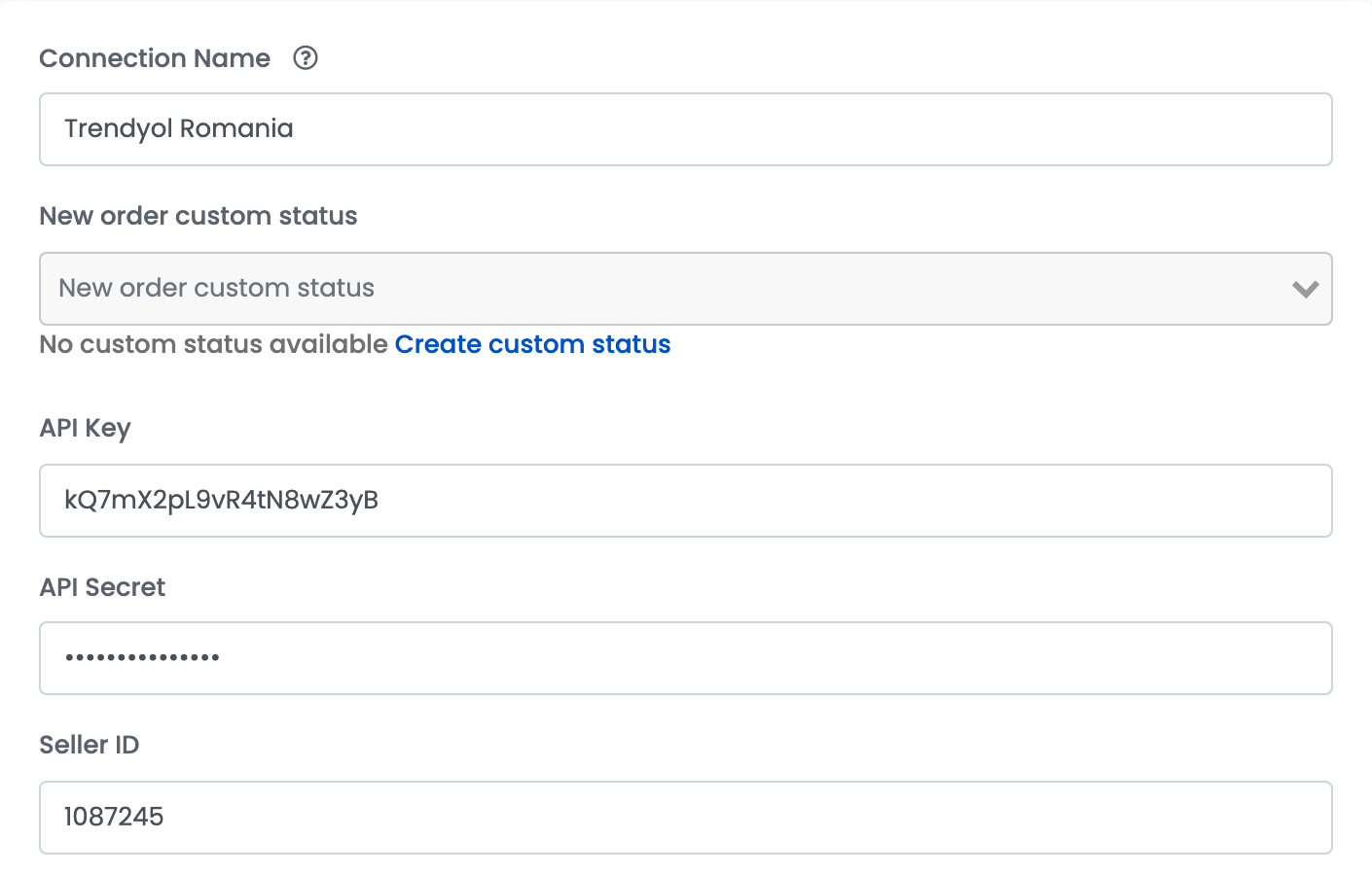 The top of the Trendyol Romania connection: Connection Name, New order custom status, API Key, API Secret and Seller ID.