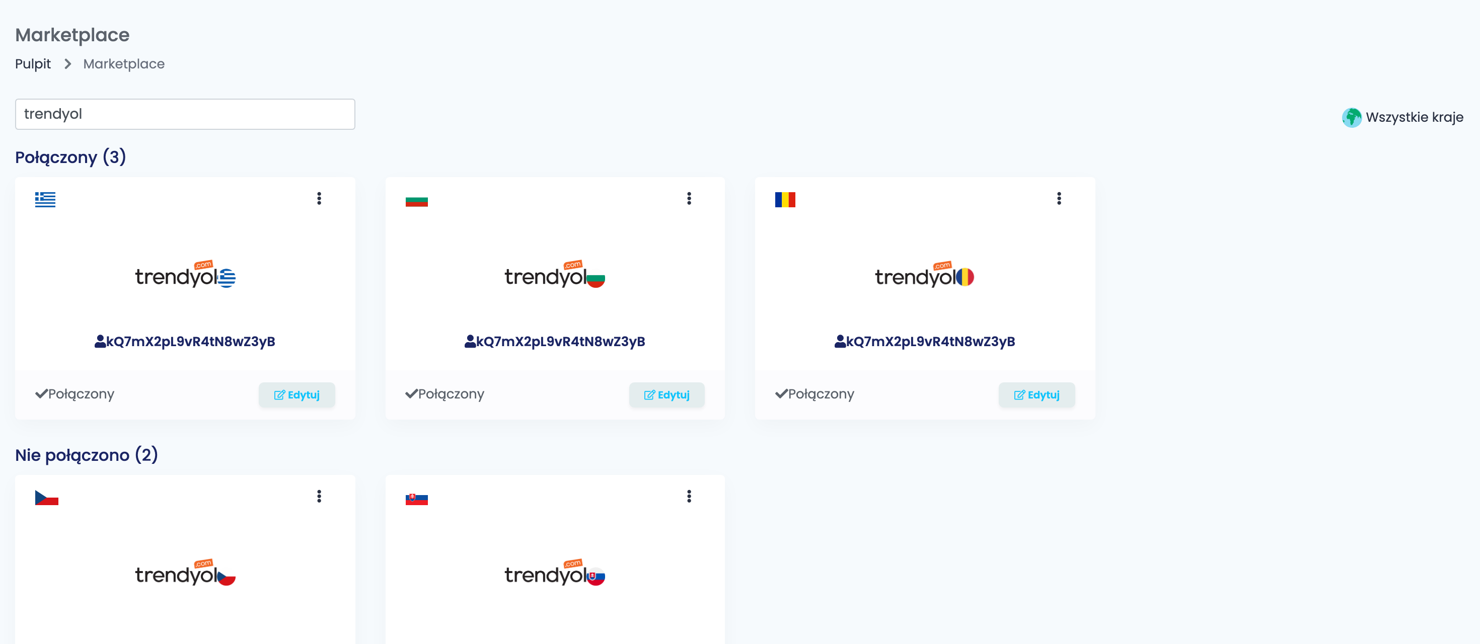 Strona Marketplace w easySales, wyszukiwanie trendyol, z kartami Trendyol.