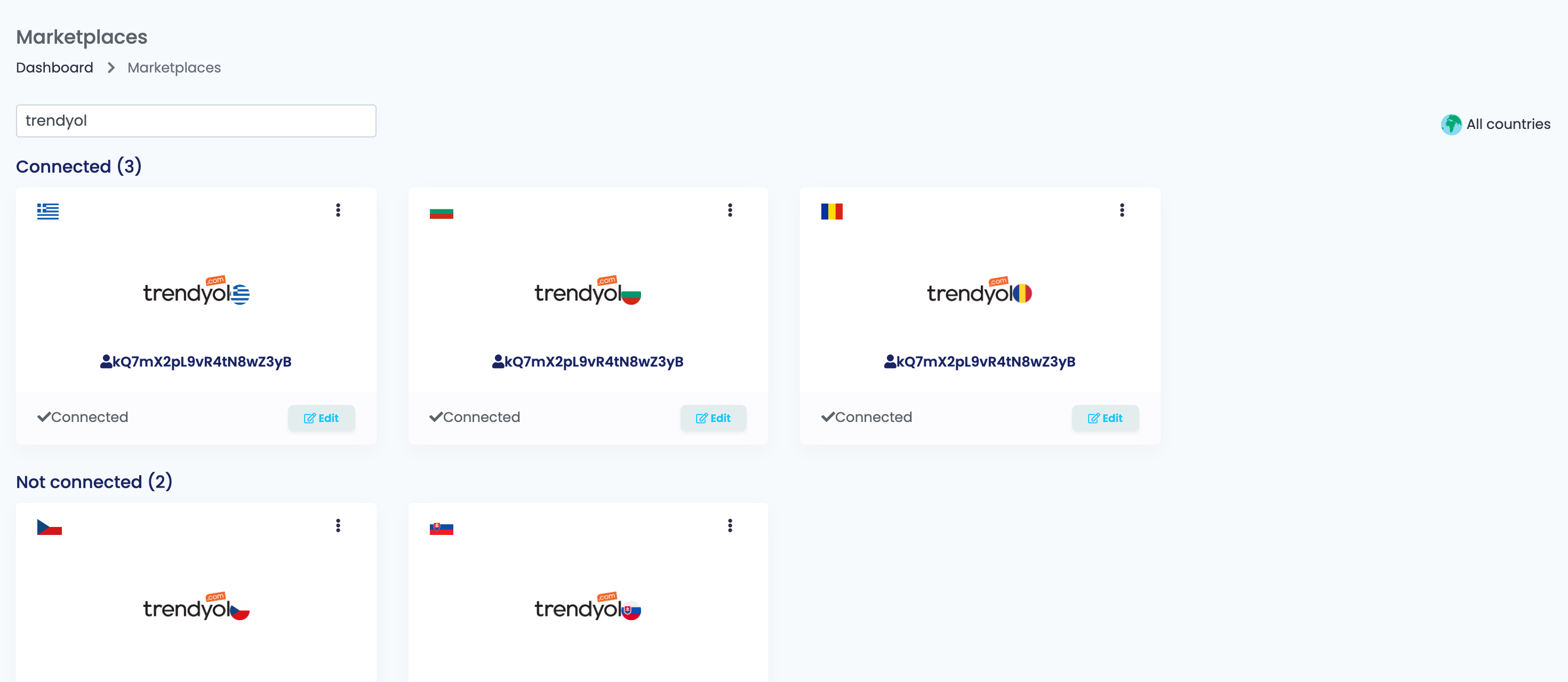 The Marketplaces page in easySales, searched for trendyol, with the Trendyol cards.