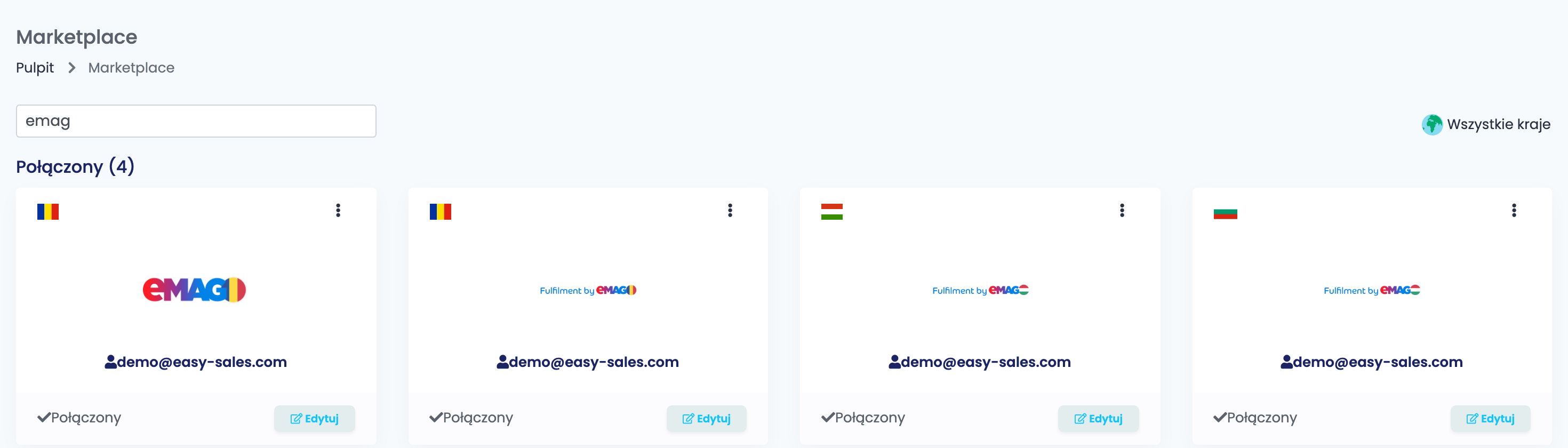 Strona Marketplace w easySales po wyszukaniu emag: połączenie eMAG Romania i trzy karty Fulfilment by eMAG — eMAG Rumunia FBE, eMAG Węgry FBE i eMAG Bułgaria FBE — połączone tą samą nazwą użytkownika eMAG.