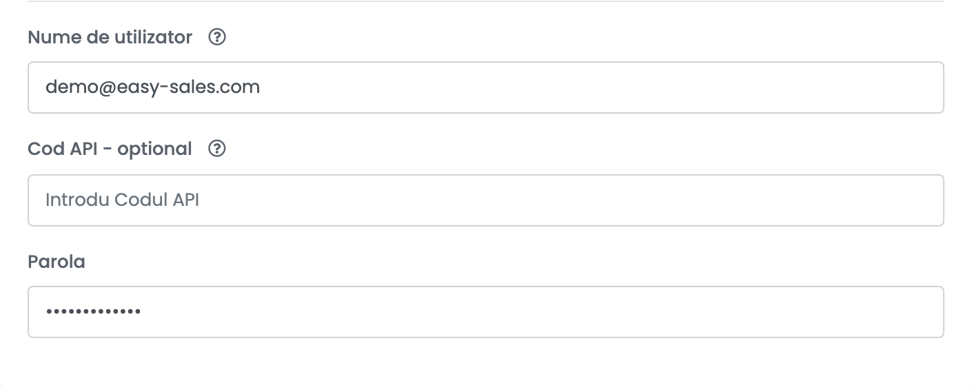Datele de login eMAG pe conexiunea FBE: Nume de utilizator, Cod API - optional și Parola.