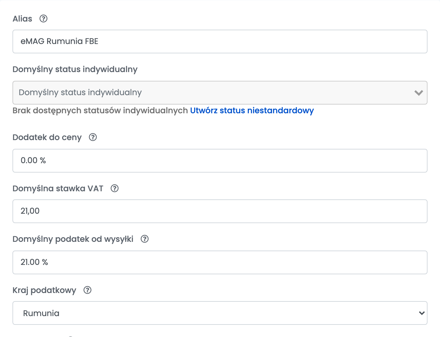 Górna część połączenia EmagROFBE: Alias, Domyślny status indywidualny, Dodatek do ceny, Domyślna stawka VAT, Domyślny podatek od wysyłki i Kraj podatkowy.