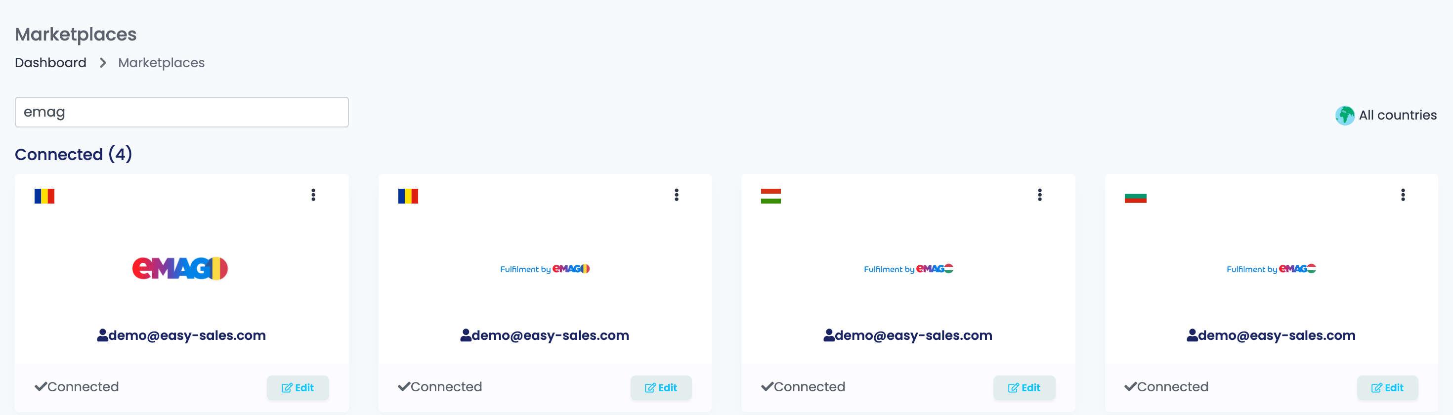 The Marketplaces page in easySales, searched for emag, with the eMAG connection and the three Fulfilment by eMAG cards connected with the same eMAG username.