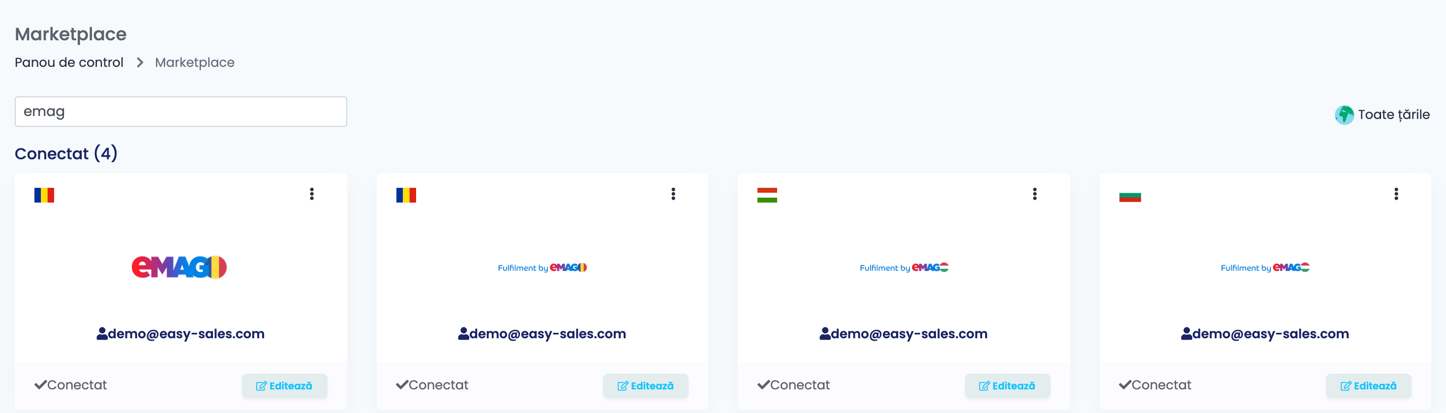 Pagina Marketplace din easySales, căutare după emag, cu conexiunea eMAG Romania și cele trei carduri Fulfilment by eMAG — eMAG România FBE, eMAG Ungaria FBE și eMAG Bulgaria FBE — conectate cu același nume de utilizator eMAG.