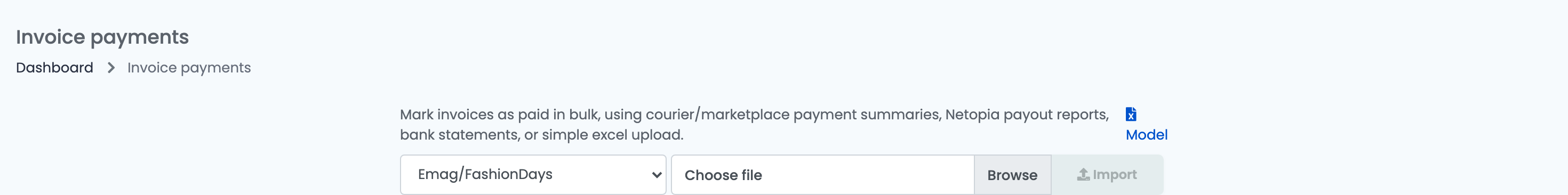 Die Seite Invoice payments mit dem gewählten Format Emag/FashionDays, dem Link Model, dem Feld Choose file und der Schaltfläche Import.