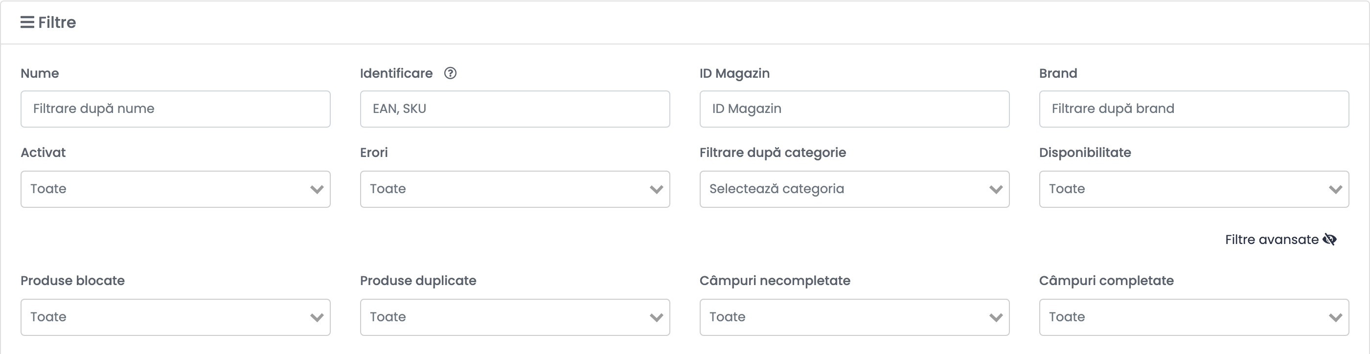 Filtrele de produse cu Filtre avansate deschis: Produse blocate și Produse duplicate, lângă Câmpuri necompletate și Câmpuri completate.