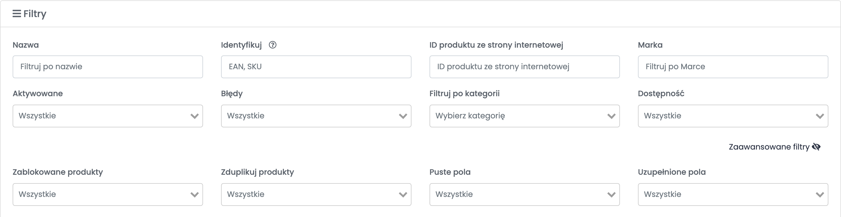 Filtry produktów z otwartymi Zaawansowanymi filtrami: Zablokowane produkty i Zduplikuj produkty, obok Puste pola i Uzupełnione pola.