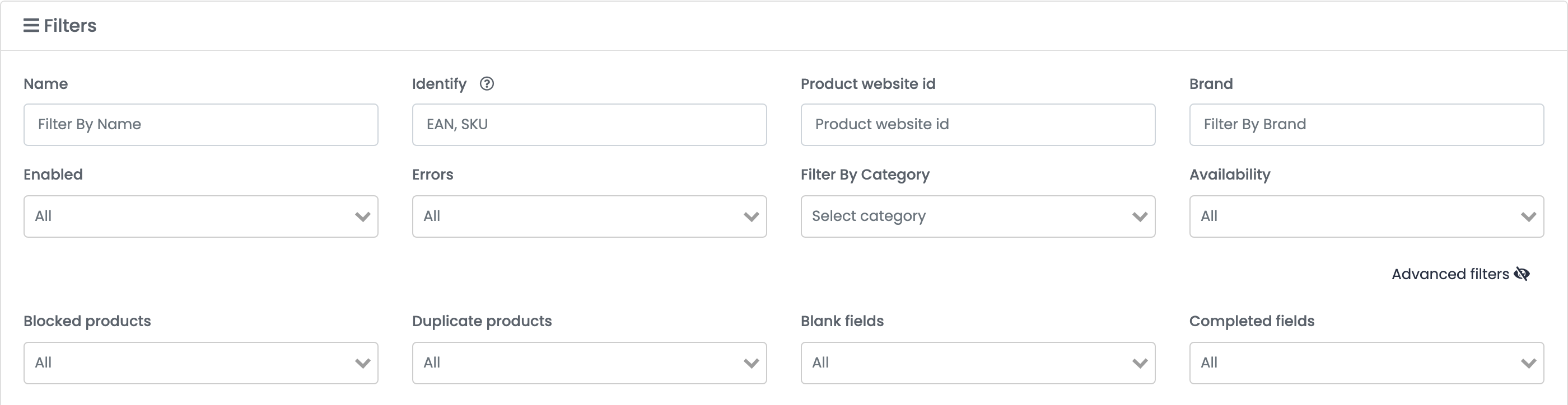 Die Produktfilter mit geöffneten Advanced filters: Blocked products und Duplicate products, neben Blank fields und Completed fields.