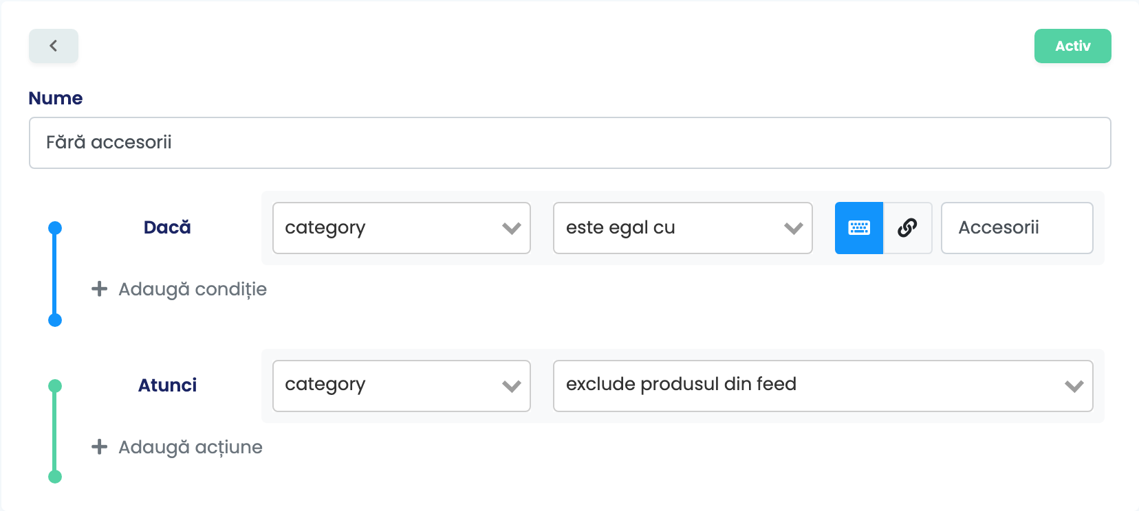 O regulă de feed numită Fără accesorii: Dacă category este egal cu Accesorii, Atunci exclude produsul din feed.
