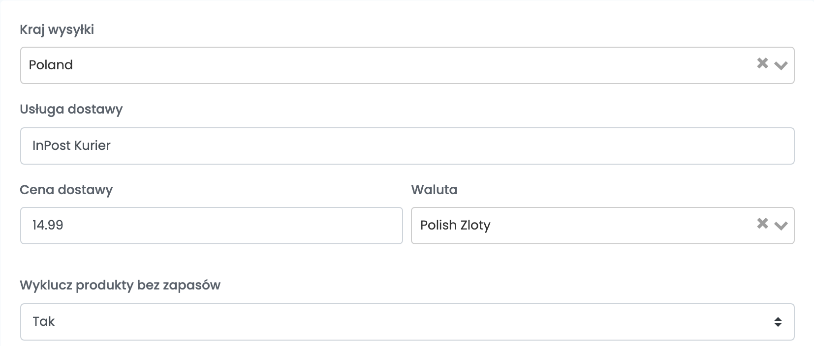 Połączenie Google Merchant: Kraj wysyłki Poland, Usługa dostawy InPost Kurier, Cena dostawy 14.99, Waluta Polish Zloty i Wyklucz produkty bez zapasów Tak.