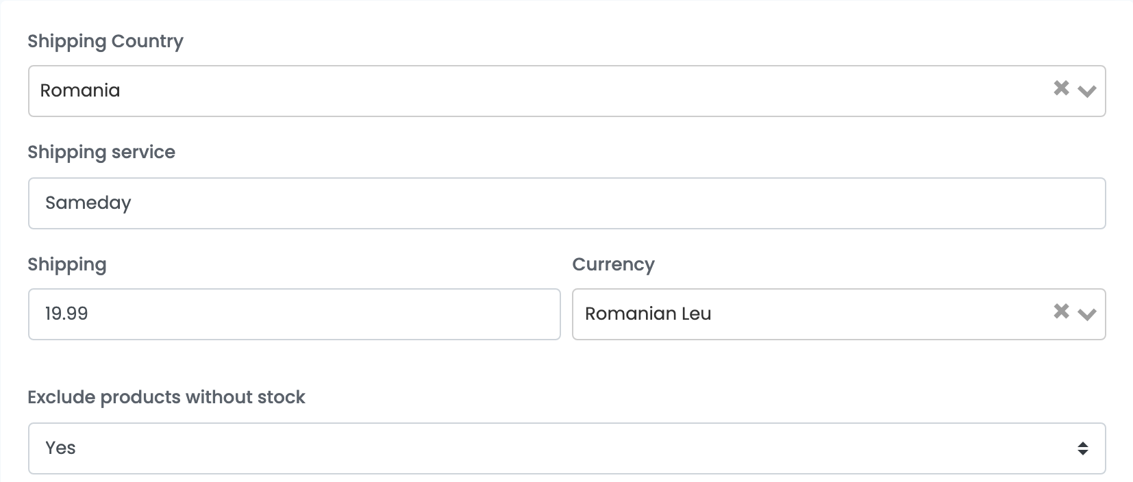 Die Google-Merchant-Verbindung: Shipping Country Romania, Shipping service Sameday, Shipping 19.99, Currency Romanian Leu und Exclude products without stock Yes.