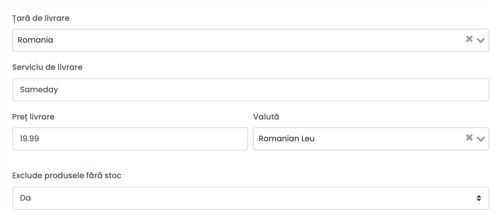 Conexiunea Google Merchant: Țară de livrare Romania, Serviciu de livrare Sameday, Preț livrare 19.99, Valută Romanian Leu și Exclude produsele fără stoc Da.