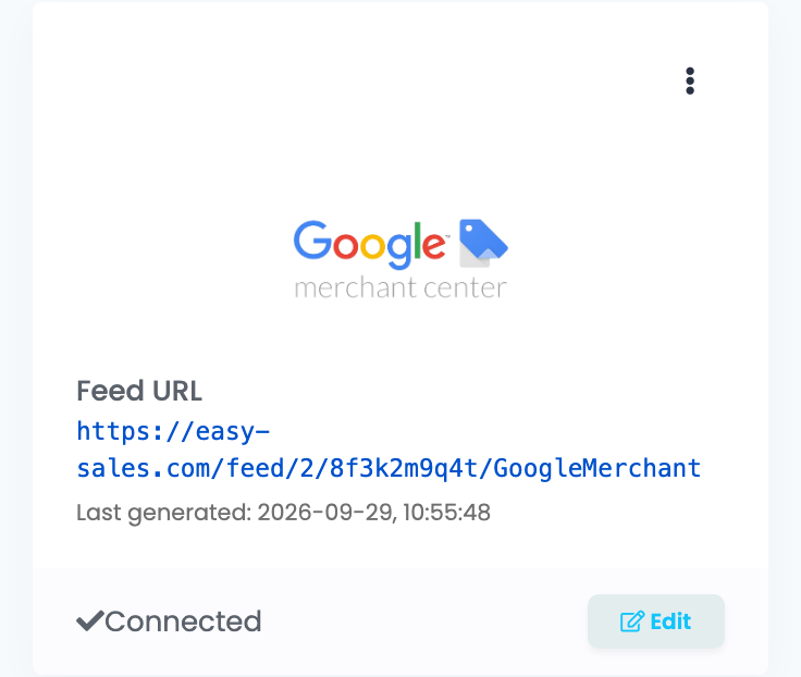 Die verbundene Google-Merchant-Karte mit Feed URL, Last generated mit Datum und Uhrzeit, Connected und Edit.