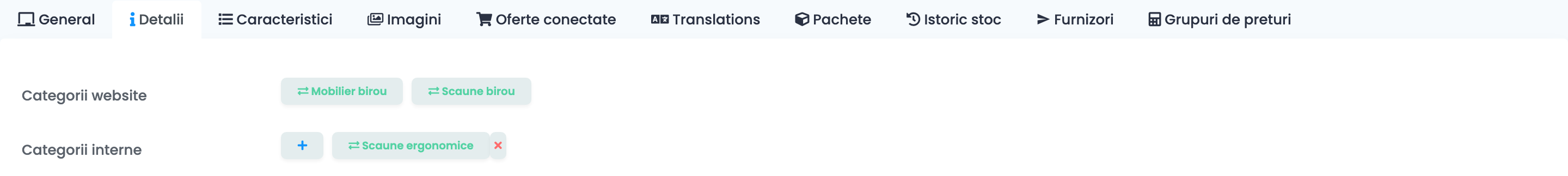 Partea de sus a tab-ului Detalii: Categorii website Mobilier birou și Scaune birou, și Categorii interne Scaune ergonomice cu butonul +.