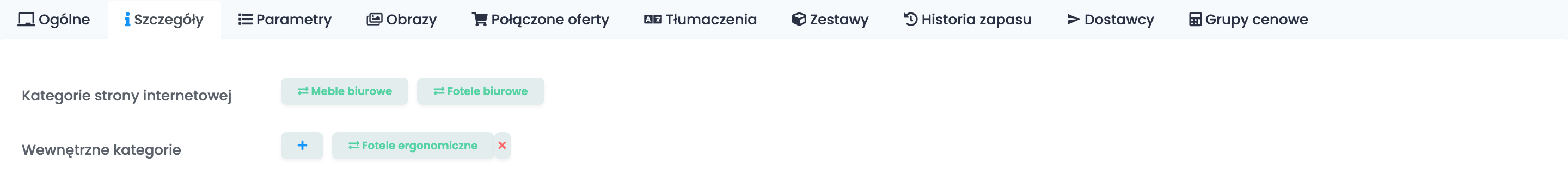 Górna część zakładki Szczegóły: Kategorie strony internetowej Meble biurowe i Fotele biurowe oraz Wewnętrzne kategorie Fotele ergonomiczne z przyciskiem +.