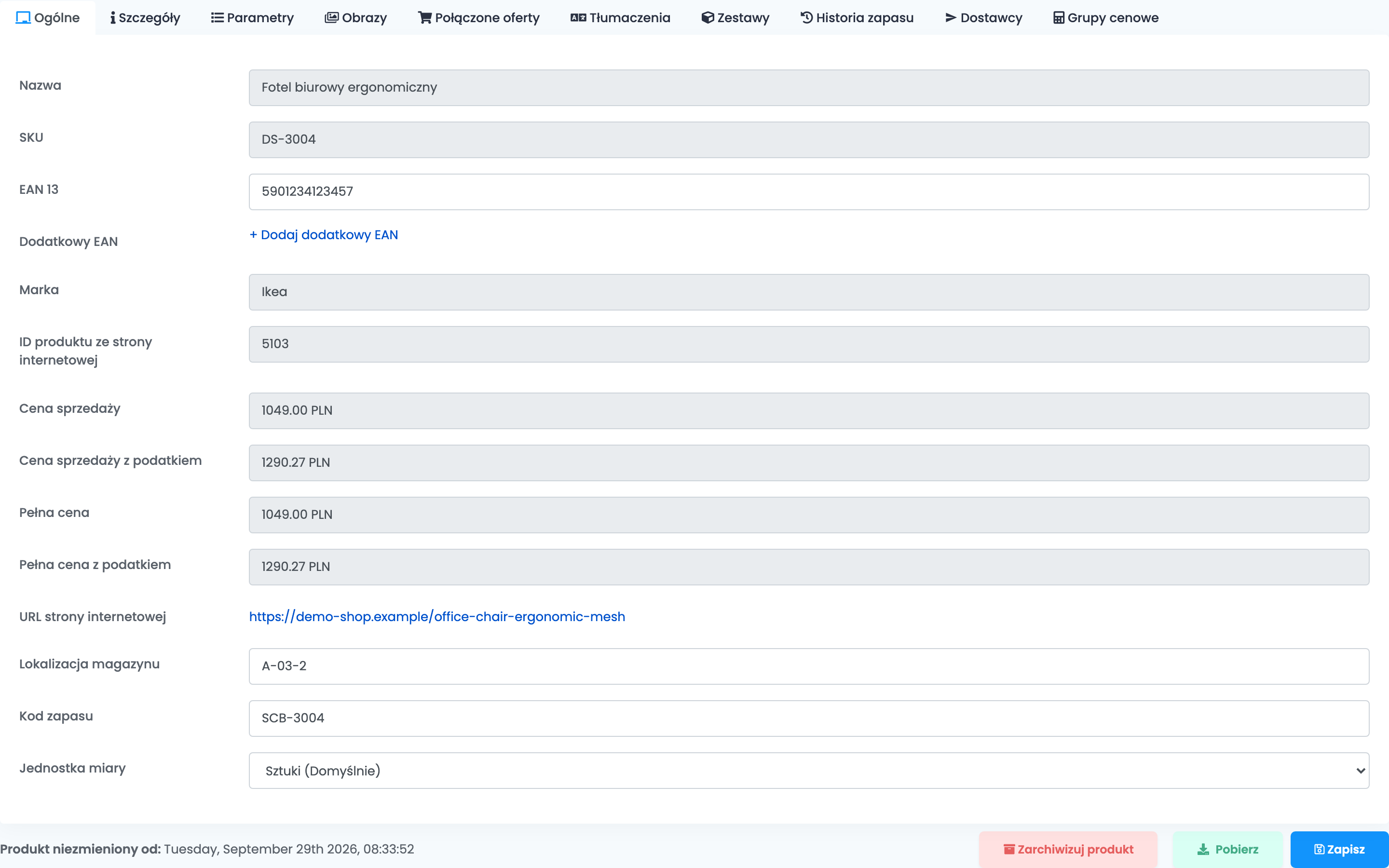 Zakładka Ogólne produktu: szare Nazwa, SKU, Marka, ID produktu ze strony internetowej i ceny ze sklepu; białe EAN 13, Lokalizacja magazynu, Kod zapasu i Jednostka miary; na dole Zarchiwizuj produkt, Pobierz i Zapisz.