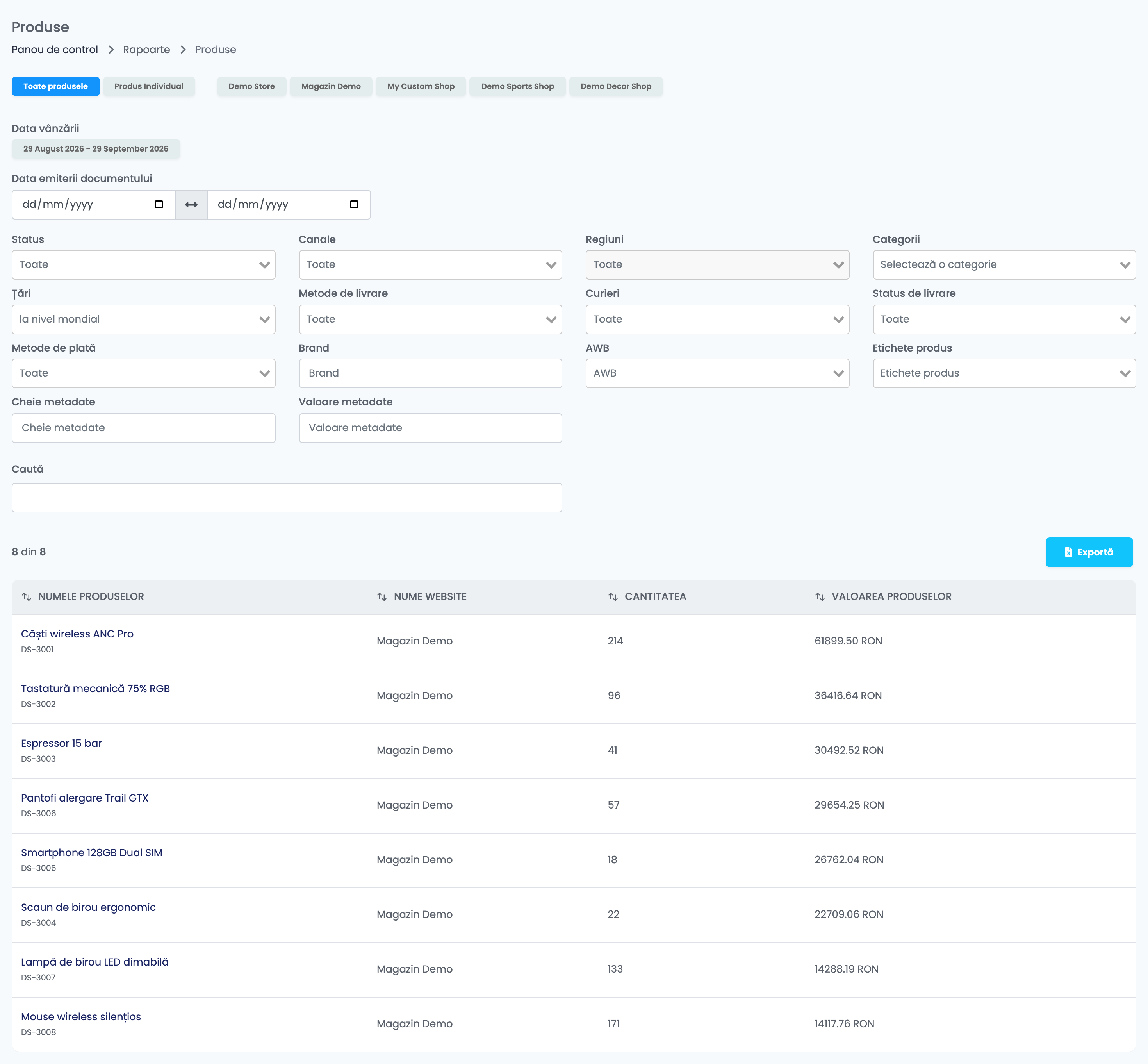 Raportul Produse, tabul Toate produsele: Data vânzării și Data emiterii documentului, filtrele și tabelul produselor cu Nume Website, Cantitatea și Valoarea produselor.