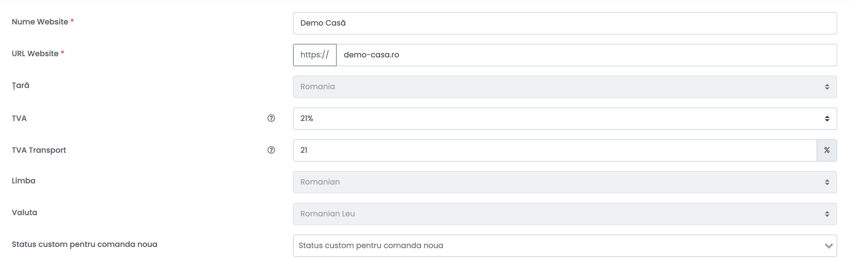 Partea de sus a formularului de magazin din easySales pentru un magazin CloudCart din România: Nume Website, URL Website, Țară, TVA, TVA Transport, Limba, Valuta și Status custom pentru comanda noua.