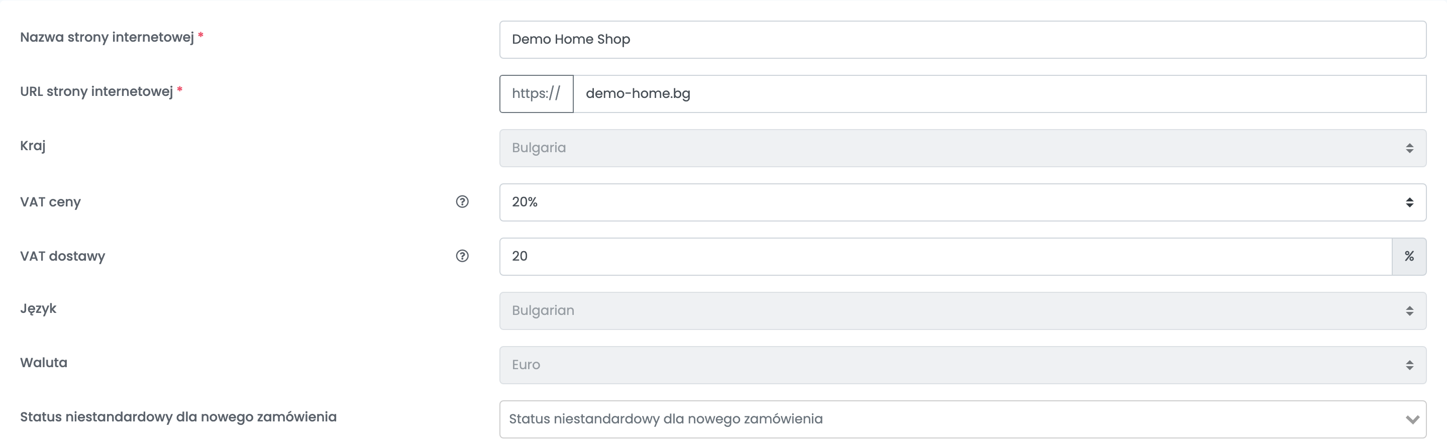Górna część formularza sklepu CloudCart w easySales z polami Nazwa strony internetowej, URL strony internetowej, Kraj, VAT ceny, VAT dostawy, Język, Waluta i Status niestandardowy dla nowego zamówienia.