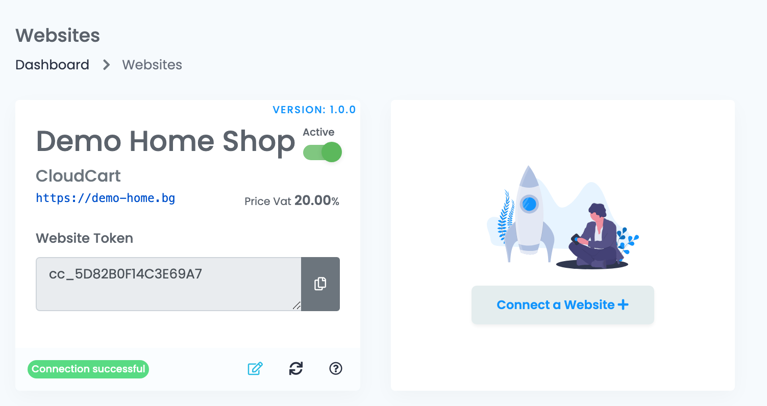 Die Seite Websites in easySales (englische Oberfläche) mit der Kachel eines verbundenen CloudCart-Shops und der Schaltfläche Connect a Website.