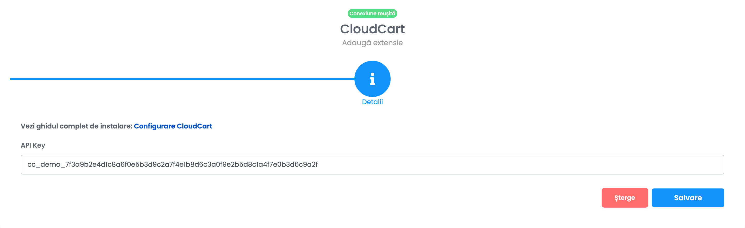 Pasul Detalii al unei conexiuni CloudCart, cu indicatorul Conexiune reușită și câmpul API Key completat.