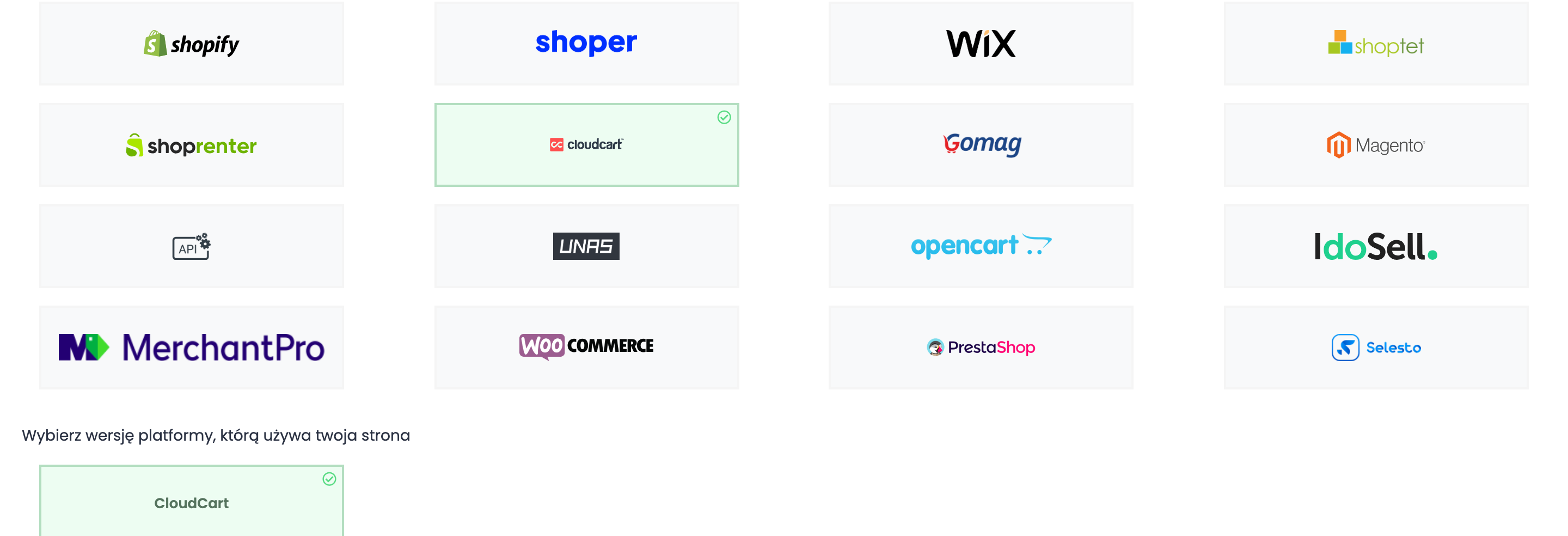 Kafelki platform w easySales z zaznaczonym CloudCart i zaznaczoną wersją CloudCart pod Wybierz wersję platformy, którą używa twoja strona.