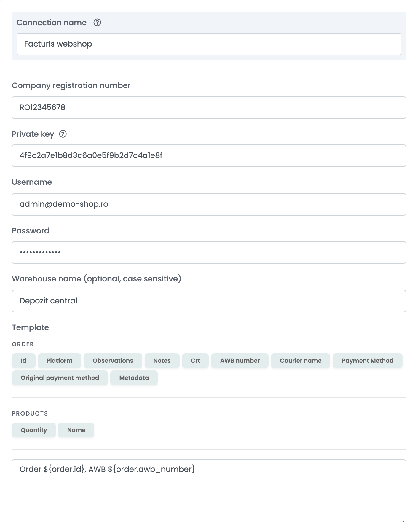 Eine Facturis-Online-Verbindung namens „Facturis webshop“: Connection name, Company registration number, Private key, Username, Password, Warehouse name und Template.