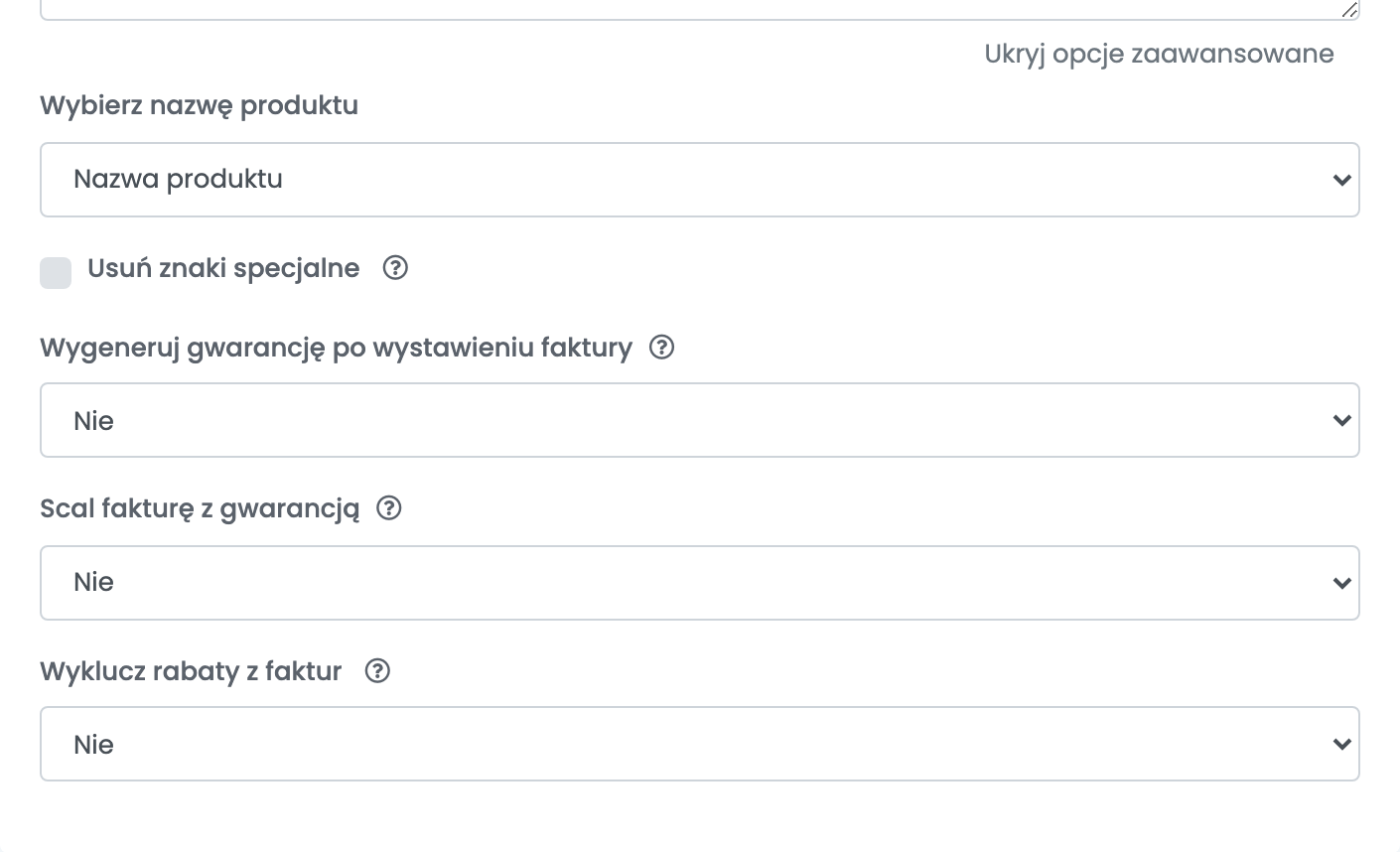 Opcje zaawansowane połączenia Facturis Online: Wybierz nazwę produktu, Usuń znaki specjalne, Wygeneruj gwarancję po wystawieniu faktury i Wyklucz rabaty z faktur.
